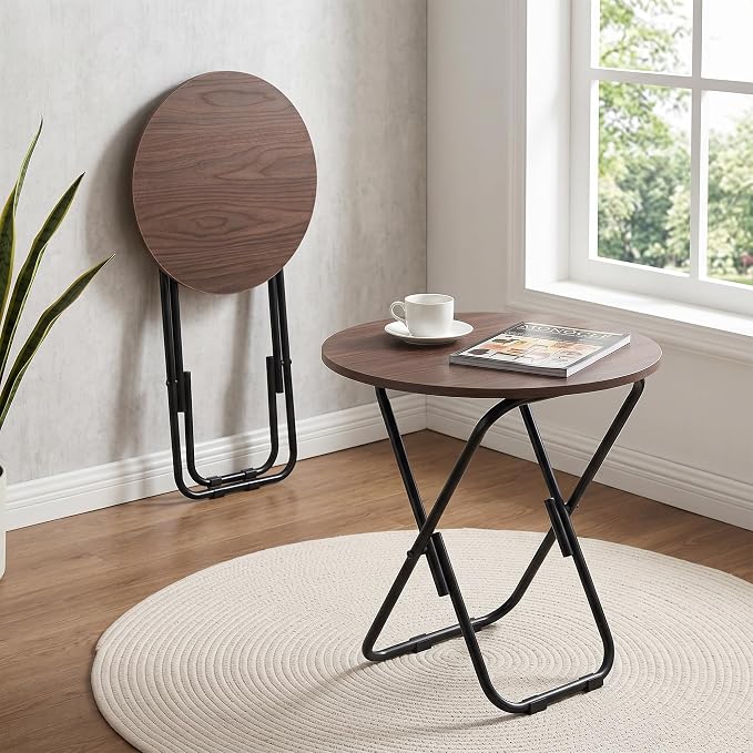 VECELO 17.7" Small Folding Table, Round Patio Outdoor Side Snack Table, Waterproof Wood End Table with Anti-Rust Metal Legs for Living Room Bedroom Garden Yard Balcony Porch