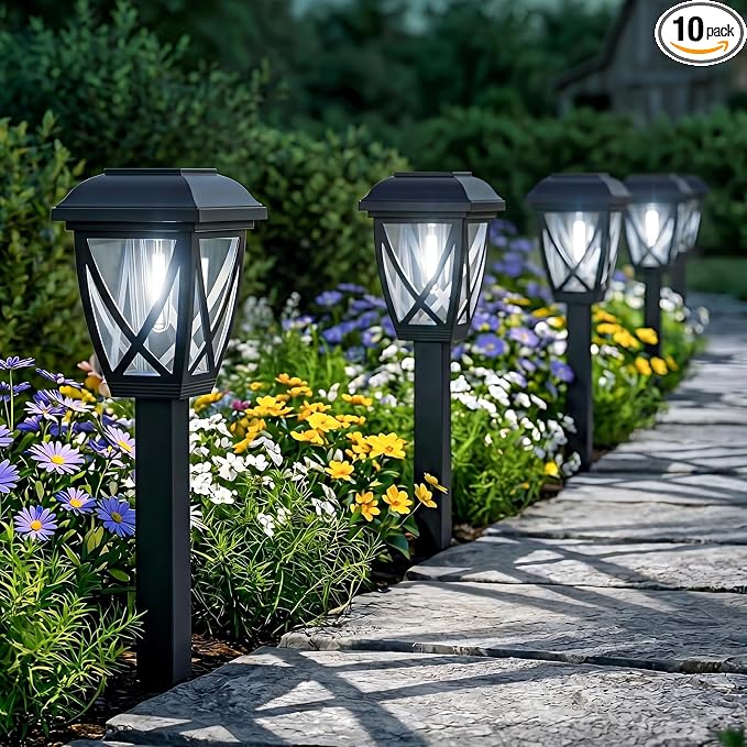 Solar Pathway Lights Outdoor 10 Pack, 6000K Auto On/Off Waterproof Solar Powered Garden Lights, Energy Saving Landscape Outside Lights for Yard, Walkway, Patio & Driveway Decor