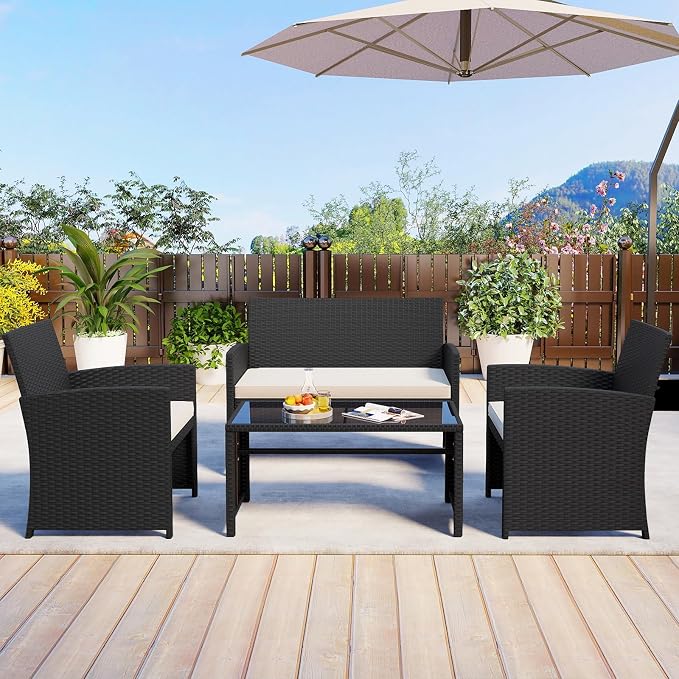 HAPPYGRILL 4 Piece Rattan Wicker Patio Conversation Set, Outdoor Furniture with Chair Loveseat Table & Cushion, for Backyard Porch Balcony (2, Black & Off White)