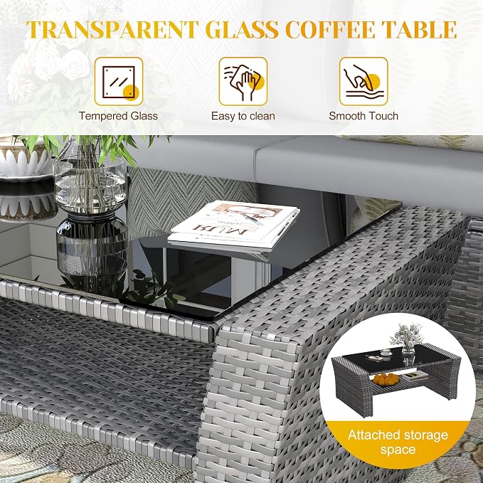 FansaFurn 4-Piece Outdoor Patio Furniture Set, All Weather Wicker Rattan Sectional Sofa Conversation Seating Set with Cushions & Large Glass Coffee Table, Ideal for Garden Backyard Porch, Grey