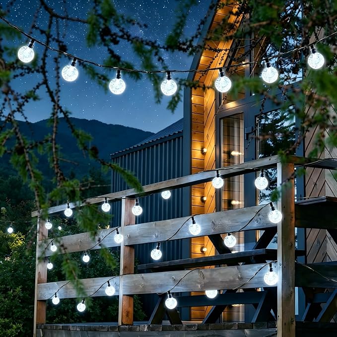 Joomer White Solar String Lights,39FT 60LED Crystal Ball Fairy Lights | 8 Modes Waterproof Outdoor Solar Powered Patio Light for Spring Summer Garden Lawn Gazebo Porch Backyard Tree Decorations