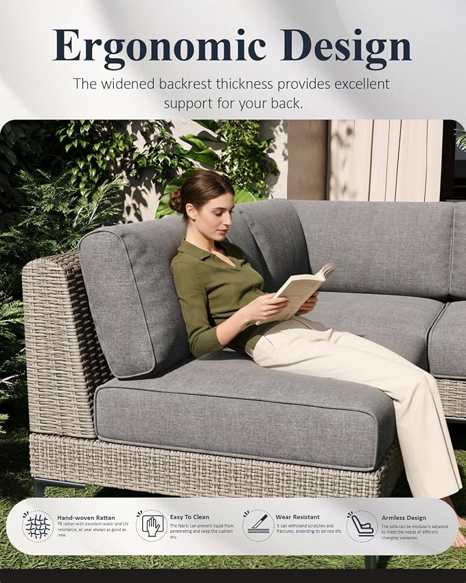 LayinSun 6-Piece Wicker Rattan Patio Furniture Set, Deep Seating Outdoor Modular Sectional Sofa Conversation Set with Thick Cushions for Lawn, Garden