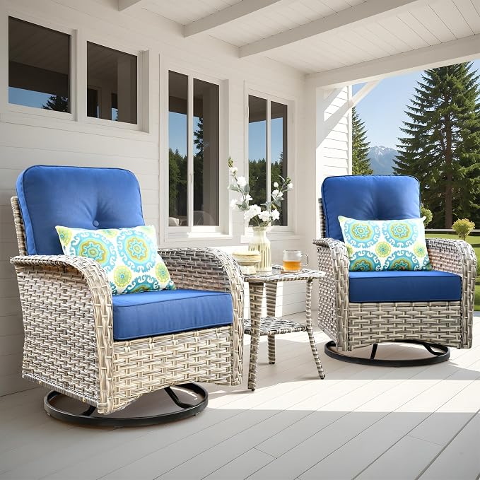 Outdoor Swivel Rocker Patio Chairs,Wicker Glider Swivel Rocking Chair Set of 2,Patio Rocking Swivel Chair Set with Rattan Side Table, Navy Blue