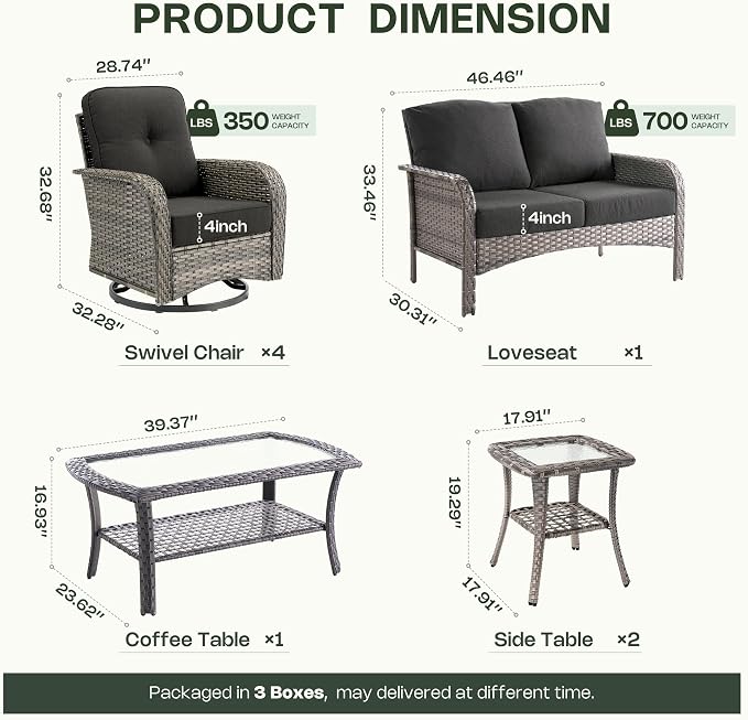 8-Piece Patio Furniture Set, Outdoor Wicker Furniture with Coffee Table, High Back Swivel Rocker Patio Chairs, Modern Rattan Outdoor Chairs Conversation Set for Porch, Balcony, Garden, Black