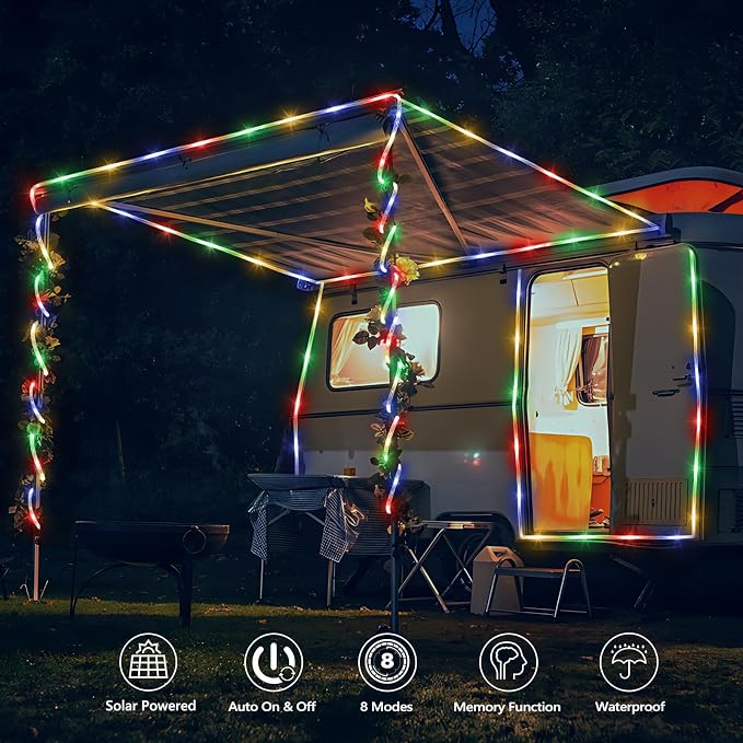 Solar Rope Lights, 2 Pack Total 66ft 200LED Solar String Lights, 8 Modes Waterproof Solar Outdoor Light, Flexible Clear Trampoline Light for Garden Yard Patio Deck Porch Pool Tree Decor - Multicolor