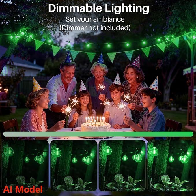 50 FT Green Outdoor String Lights,26 Plastic Edison Bulbs, E12 Base | G40 globe shatterproof bulbs, IP65 waterproof, dimmable LED, for backyard porch balcony party decor