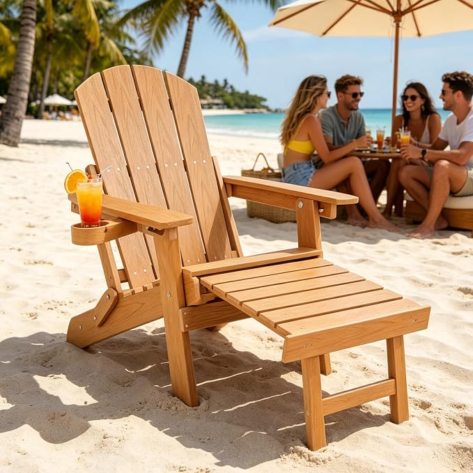 Outdoor Foldable Adirondack Chair with footrest,Patio Recliner,3-Level Adjustable Backrest,Hidden Ottoman,Ergonomic Design,Ideal for Patio,Camping, Pool Use.(Natural)