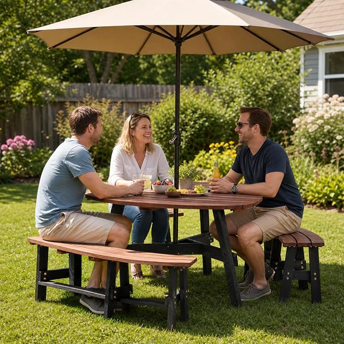 Thanaddo Wood Picnic Table, 43” Tabletop with Umbrella Hole, 3-6 Person Outdoor Wooden Picnic Table Bench Set for Patio, BBQ, Dining, Brown