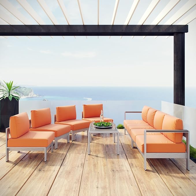 Modway Shore 7-Piece Aluminum Outdoor Patio Sectional Sofa Set in Silver Orange