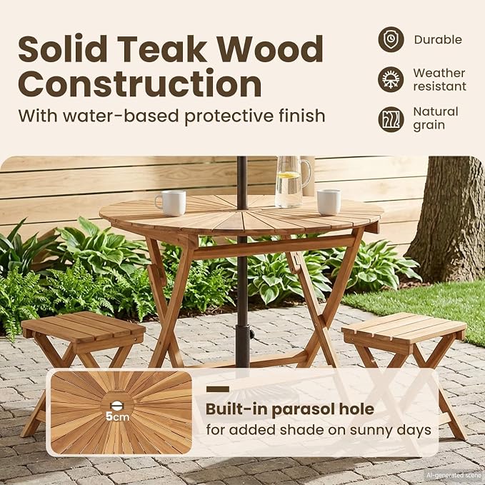 vidaXL Folding Garden Table Beige Ø 110 x 75 cm Solid Teak Wood, Round Folding Table, Modern Design, Outdoor Dining, Space-Saving Furniture, Teak Wood, Collapsible Garden