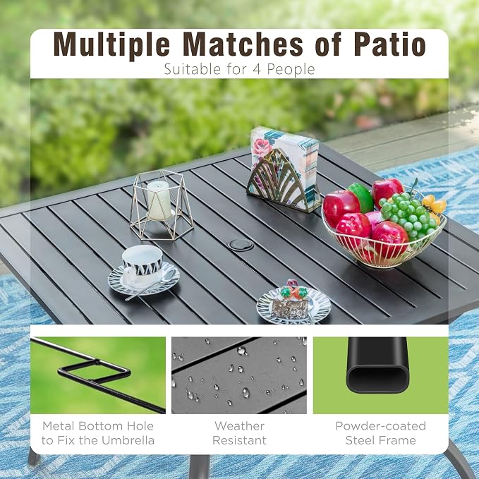 MIXPATIO Outdoor Patio Square Dining Table, 37"x 37" Metal Slatted Tabletop with Adjustable Umbrella Hole, All Weather Wrought Iron Black Outdoor Table for Deck Lawn Garden Backyard, Black
