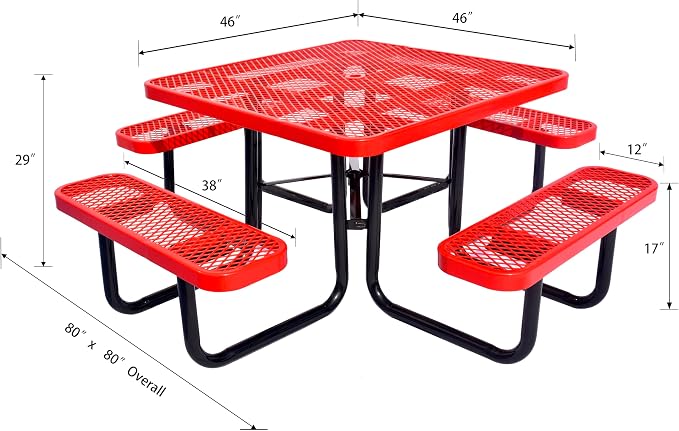 Heavy Duty 46" Steel Square Picnic Table,Expanded, Metal Outdoor Table (Red)