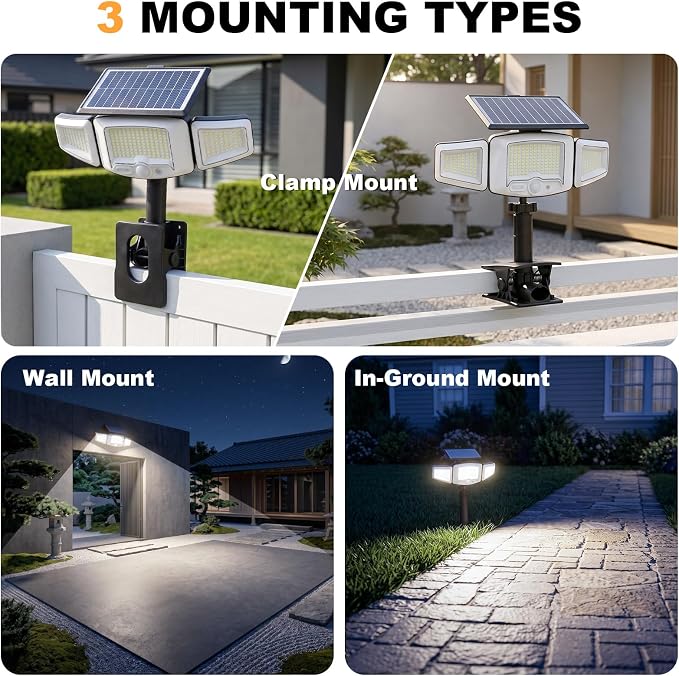 Clip-On Solar Light, Motion Sensor Outdoor Light with Stake, 1 Pack | In-Ground, Clamp or Wall Mount, IP65 Waterproof, USB Charging Supported, Solar Flood Light for Yard, Deck, Fence, Pathway