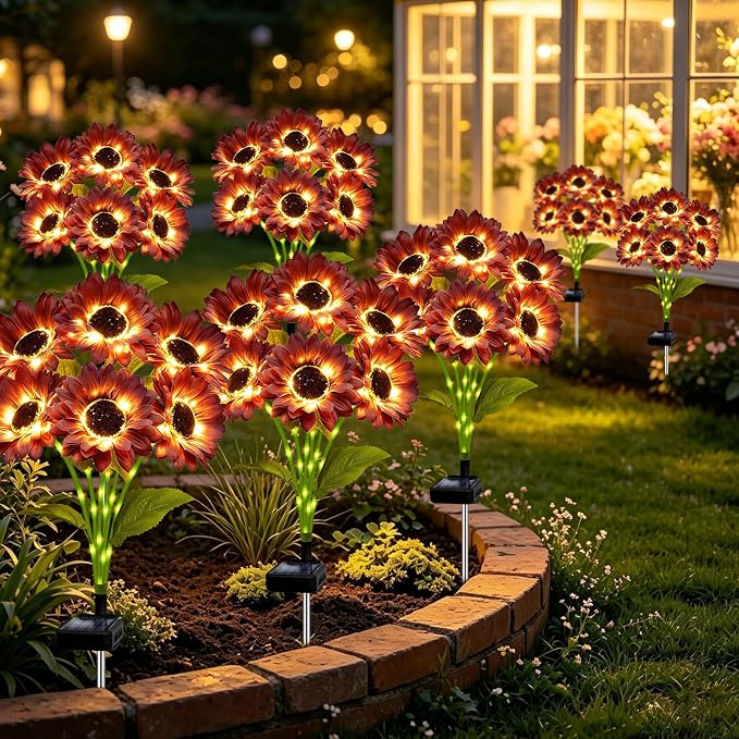 MRHEPHAESTUS Solar Garden Lights Outdoor, 6 Pack Solar Brown Sunflower Lights with 18 Head 3.5 Inch Flowers, Waterproof Flowers Light Fall Decor Auto ON/Off for Garden Yard Patio, Gifts for Mom Women