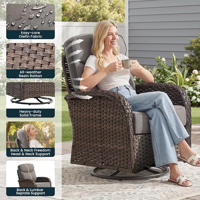 Luxury 6-Inch Cushion Patio Furniture Set, High Back Outdoor Swivel Rocker Patio Chairs with Outdoor Couch, Outdoor Wicker Conversation for Deck Porch Garden Balcony Poolside Gray Cushion