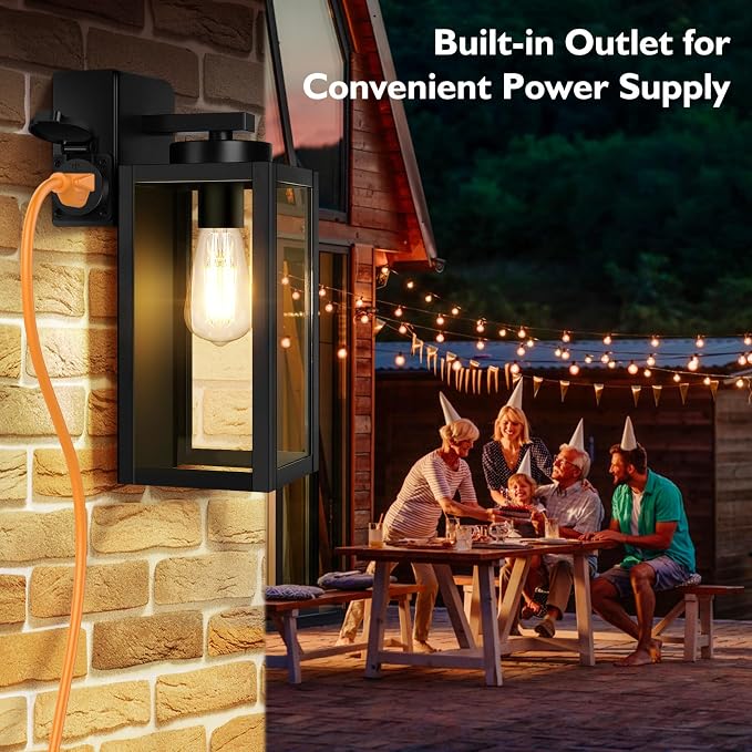 BesLowe Porch Lights with Outlet, Modern Outdoor Wall Light Fixtures, Black | UL-Listed Extra Power Socket, Waterproof, Rust-Resistant, Durable Metal with Clear Glass, Easy to Install