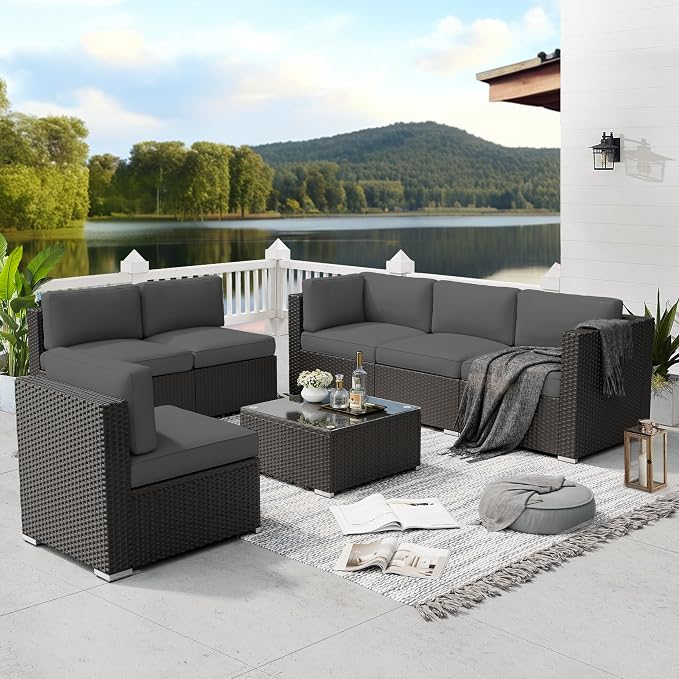 SUNCROWN 7-Piece Outdoor Patio Furniture Sofa Set All-Weather Black Wicker Sectional Conversation Set with Modern Glass Coffee Table and Cushions, Garden, Backyard, Deck, Poolside,Dark Grey