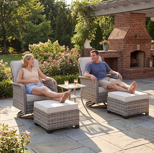 Outdoor Patio Furniture Set Patio Rocking Swivel Chair with Tempered Glass Side Table, Outdoor Wicker Rattan Bistro Set with Ottomans for Garden, Deck, and Balcony, White