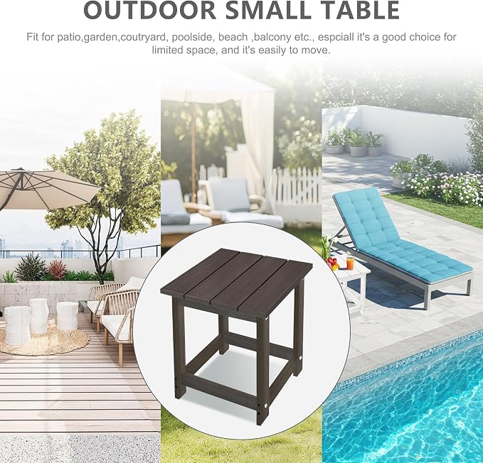 LZRS Patio End Table, Heavy Duty HDPE Outdoor Coffee Table with Wood Texture, Weatherproof Composite Table for Adirondack Chairs, Deck, Pool, Indoor/Outdoor, No Peeling or Cracking(Brown Mixture)