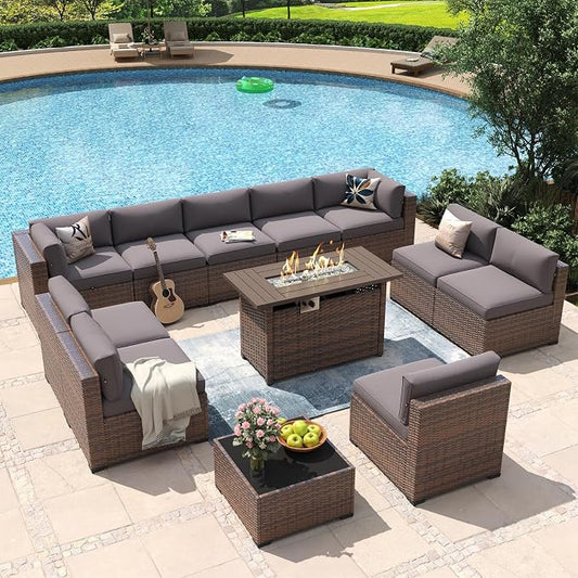 Aoxun 12 Piece Patio Furniture Set with 44” Fire Pit Table Wicker Rattan Outdoor Sectional Sofa Set with Coffee Table and Thickened Cushions, Grey