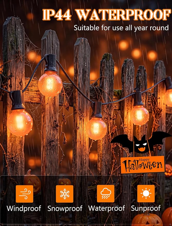 25Ft LED Outdoor Halloween Decorations Lights, 25 G40 Orange Globe Bulbs | Waterproof G40 Patio String Lights, Connectable Shatterproof Hanging Outdoor Lights for Porch Yard Garden Halloween Party
