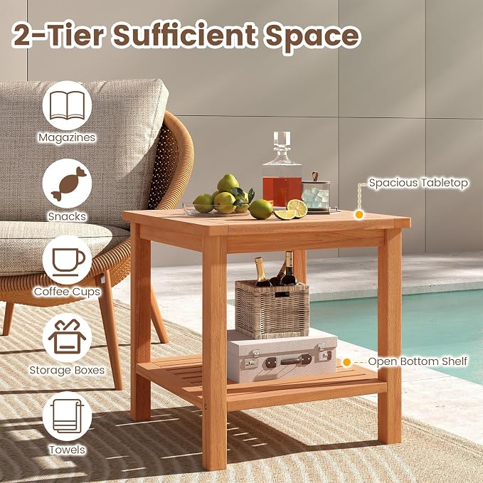 HAPPYGRILL Acacia Wood Outdoor Side Table, 2-Tier Indoor End Table with Spacious Tabletop and Slatted Storage Rack, Square Wood Table for Poolside, Living Room, Porch, Balcony and Garden (1)