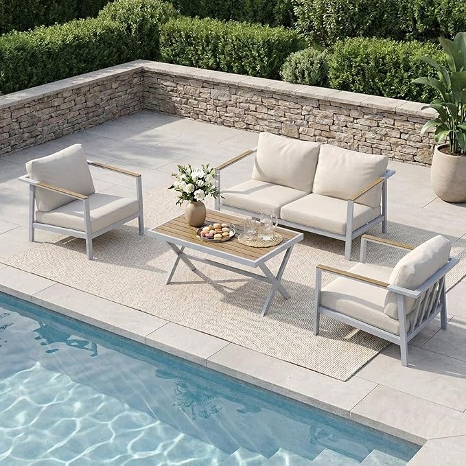 Aug-guan Aluminum Patio Furniture Set 4 Piece, Outdoor Conversation Set with 5" Cushions, Olefin Fabric, Rustproof Frame, Non-Slip Feet, Compact Patio Sofa Set for Balcony, Backyard, Porch,White
