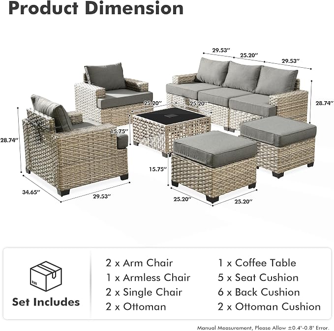 8 Pcs Outdoor Sectional Patio Furniture Set with Ottomans - All Weather Wicker Modular Outside Sectional Couch,Patio Seating Outdoor Conversation Sets for Deck Yard Garden,Dark Grey