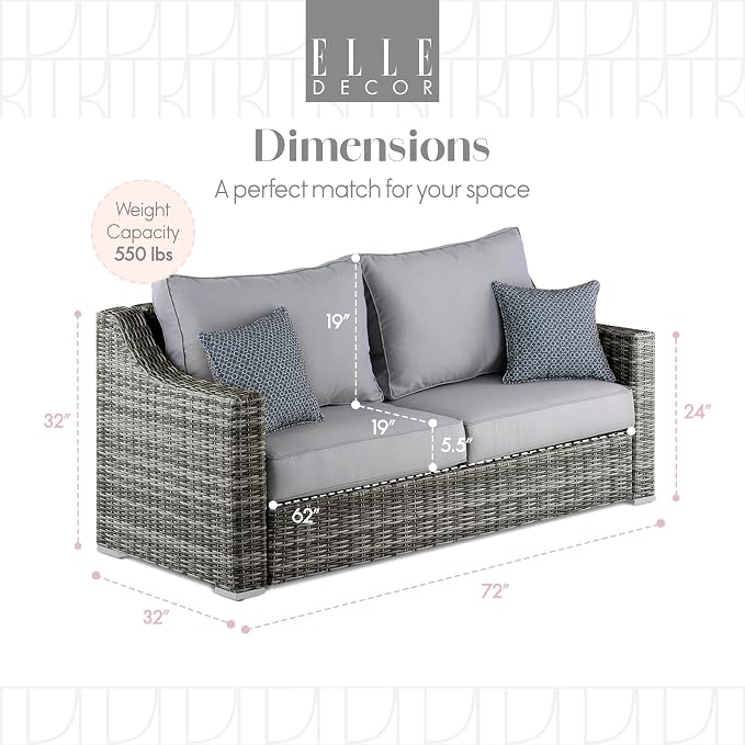 Elle Decor Vallauris Patio Outdoor Furniture Collection, Premium All Weather Wicker, Sofa, Gray