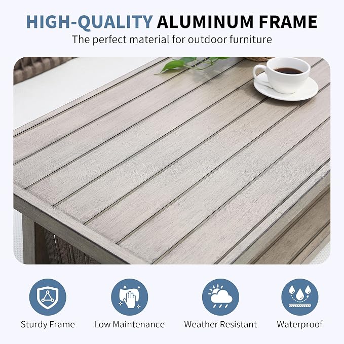 Outdoor Patio Coffee Table, 2-Tier Rectangle Outdoor Patio Table with Rope Weave, Modern Accent Table with Heavy-Duty Aluminum Frame, Patio Furniture Set for Garden Porch Yard Deck, Gray Oak