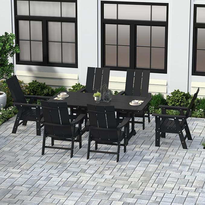 WestinTrends Ashore 7 Pieces Adirondack Outdoor Dining Set, All Weather Poly Lumber Slatted Modern Farmhouse Outdoor Furniture Set, 71" Trestle Dining Table and 6 Adirondack Dining Chair, Black