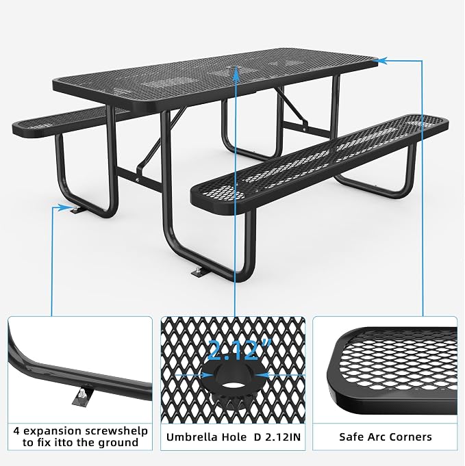 KEIKI 72" Heavy-Duty Metal Picnic Table with Benches, Commercial Outdoor Steel Table with 2.12" Umbrella Hole, 2.5mm Mesh Top, Rust-Resistant Coating, Patio Backyard Park Dining Furniture, Black