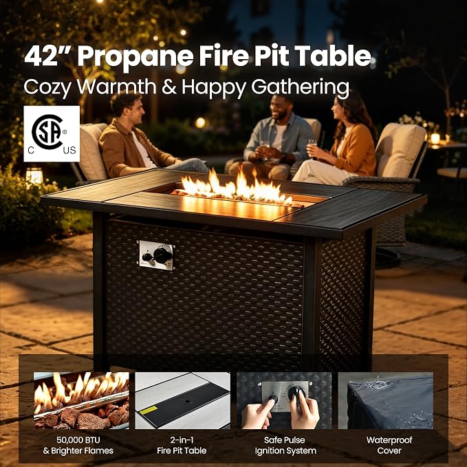 7 Piece Patio Furniture Set with Firepit Swivel Chair, Beige | High Back Swivel Rocker Chairs, Deep Seat Sofa Ottoman, Fire Pit Table, Outdoor Conversation Sets for Porch Deck Backyard