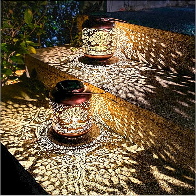 2 Pack Tree of Life Outdoor Solar Hanging Lanterns Waterproof LED Solar Lights Metal Decorative Lantern for Garden, Patio, Courtyard, Backyard, Yard Decor Unique Tree of Life Gifts for Women Gardening