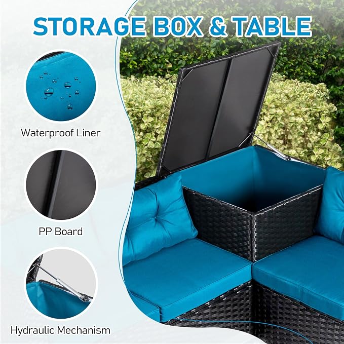 VINGLI 4 Pieces Outdoor Sectional Wicker Patio Furniture with Storage, Patio Sectional Sofa Outdoor Couch Conversation Set, Glass Top Coffee Table for Backyard, Pool, Garden(Black)