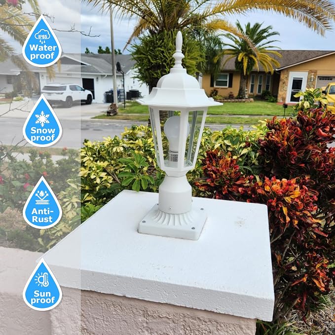 Outdoor Post Light, Rustproof Aluminum Pole Lamp, White | Exterior Lamp Post Light Fixture for Garden, Yard, Pathway, Waterproof, Glass, E26 Base, Max 60W, 1 Pack