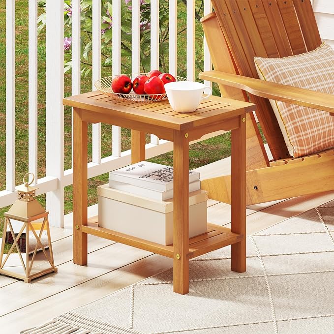 HAPPYGRILL Acacia Wood Patio Side Table, 2-Tier Accent Table with Slatted Tabletop & Storage Shelf, Wooden End Table for Living Room Poolside Balcony Porch (1)