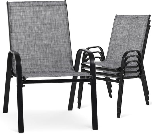 24.4" Wide Outdoor Stackable Chairs Set of 4, Stacking Patio Chairs with Textilene Fabric, Outside Furniture for Garden Backyard Balconie Poolside Deck, Grey