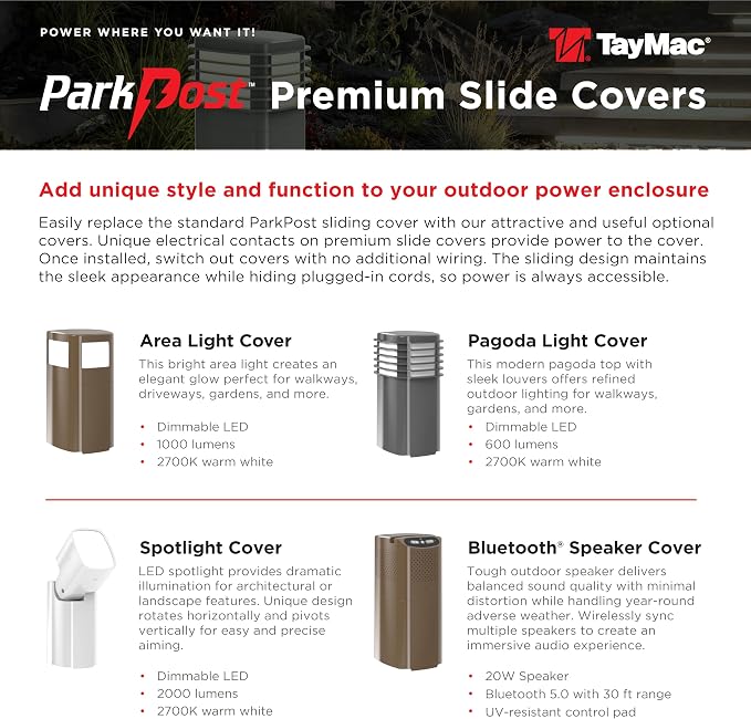 TayMac Gray Area Light Slide Cover PPALG for ParkPost Outdoor Power Enclosure (Required), 1000-Lumen 2700K Polycarbonate Post Cap Light for Garden Decor, Seamless LED Lighting Accessory