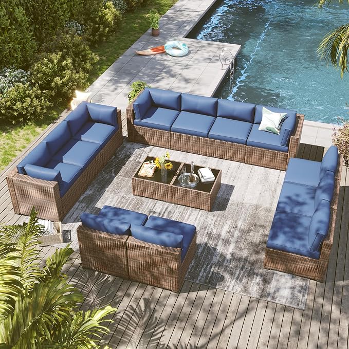 LazySunsets 14 Piece Outdoor Patio Furniture Set with Coffee Table, Outdoor Patio Furniture Sets with 4'' Thicken Cushion, Wicker Outdoor Conversation Set for Backyard & Garden, Blue