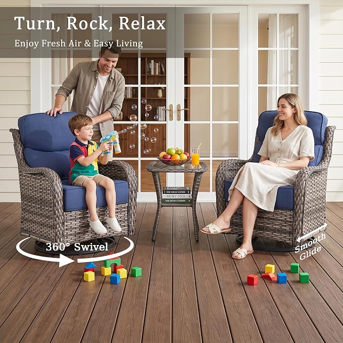 Luxury 7 Piece Wicker Patio Furniture Set with Swivel Rocker and 30“Fire Pit Table - Grey