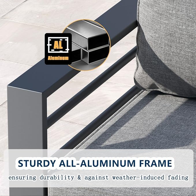7 Pieces Aluminum Outdoor Patio Furniture Set with Fire Pit Table, Modern Metal Conversation Sofa Set with Deep Seating