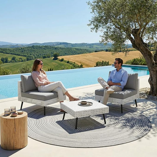 3 Piece Patio Furniture Sets, Modular Patio Sectional Conversation Sets with Upgraded Cationic Fabric Cushions & Outdoor All-Weather Handwoven Open Weave Wicker for Garden, Poolside, Backyard
