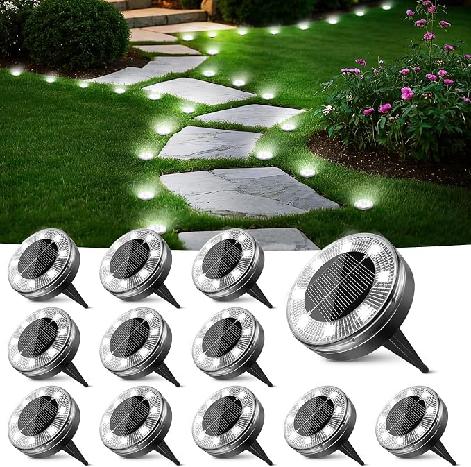 Mini Solar Ground Lights, 12 Pack Flat Solar Disc Lights Outdoor Waterproof, 2.3 Inch Small Solar Garden Lights Landscape Lighting for Outside Pathway Garden Yard Lawn Walkway,Cool White