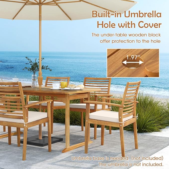 HAPPYGRILL 3 Pieces Acacia Wood Outdoor Dining Set for 4 People, Patio Table & Bench Set with Umbrella Hole, Outside Picnic Furniture