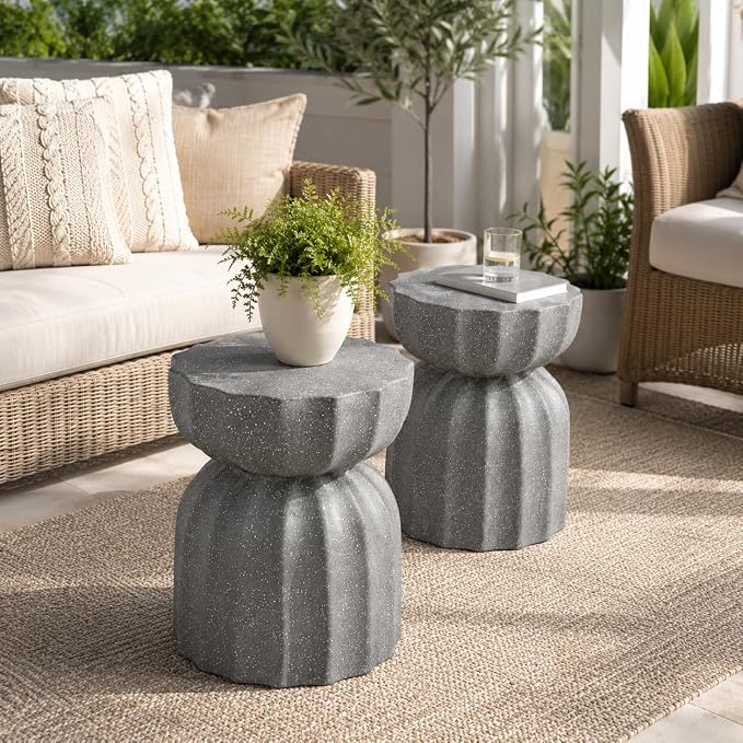 Concrete Outdoor Table Set of 2,13" Modern Round Stone Coffee Table,Waterproof Outdoor Side End Table for Patio Gardens, Backyards and Living Rooms (Gray-N, 13")