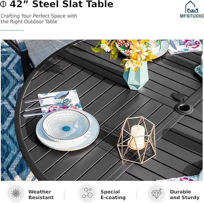 MFSTUDIO 5 Piece Outdoor Dining Set, Round Patio Table & Swivel Chairs | Weather-resistant, 4 person, Breathable & quick-drying Textilene, Metal Frame, Umbrella hole, Outdoor deck backyard