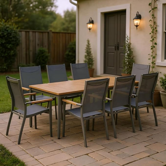 Urban Elements Solar 9-Piece Rectangular Patio Dining Set for 8 | Certified Teak & Aluminum | Ideal for Outdoors