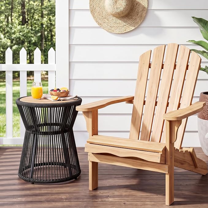 TrailBlaze Modern Woven Rope Outdoor Side Table – Round Patio End Table with Wood Top – Durable Accent for Balcony, Backyard, Poolside – Black + Natural Wood, Diameter 16in Height 20in, Color: Black +