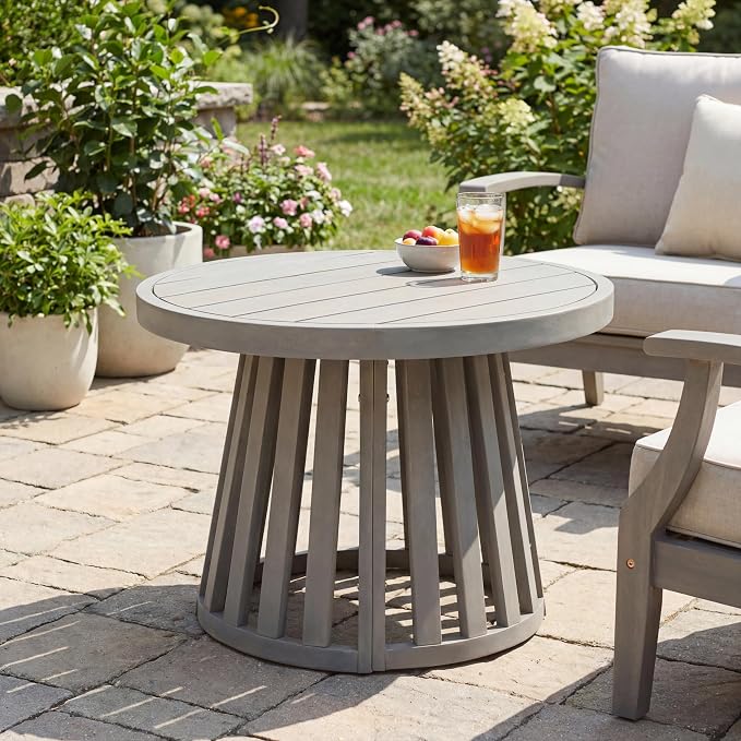 JONATHAN Y Solanya 28" Round Acacia Wood Outdoor Coffee Table with Slatted Tapered Base, Weather-Resistant Solid Wood Center Table for Patio, Garden, Deck, Gray Wash END7000B